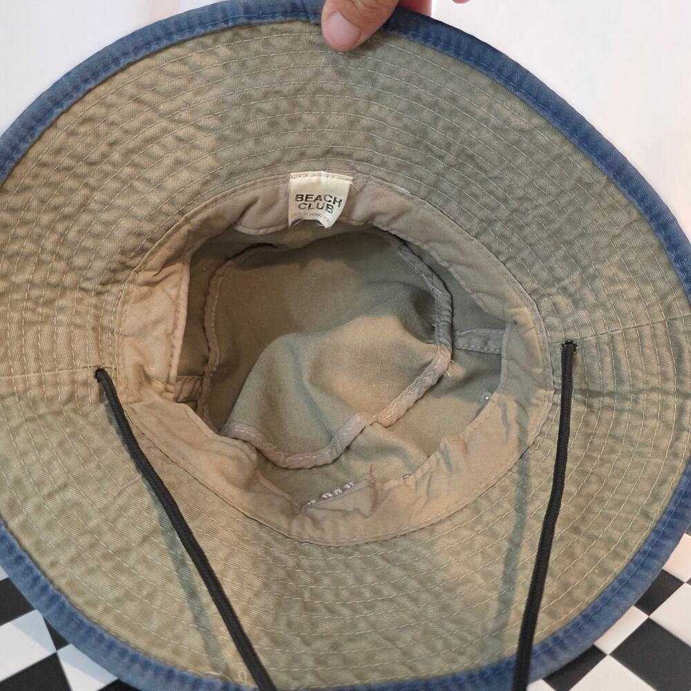 Vintage 90s Myrtle Beach Club Khaki Blue Trim Cotton Bucket Hat Sun Cap - Picture 4 of 5